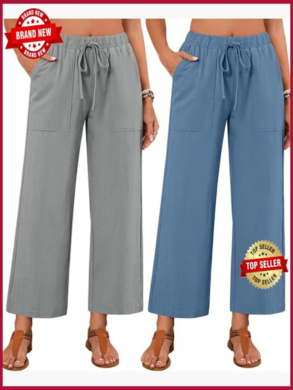 2 Pack Women's Linen Palazzo Pants with Pockets Wide Leg High Waisted Drawstring